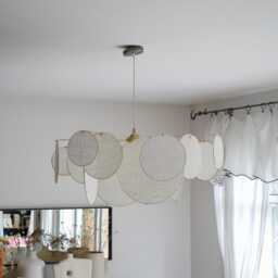 Large Pendant Light With 16 Linen & Brass Rings - Designer Chandelier Kinetic Mobile Handcrafted - thumbnail 2