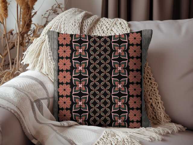 Retro 70S Floral Stripes Orange & Green Woven Cotton Throw Pillow - image 1