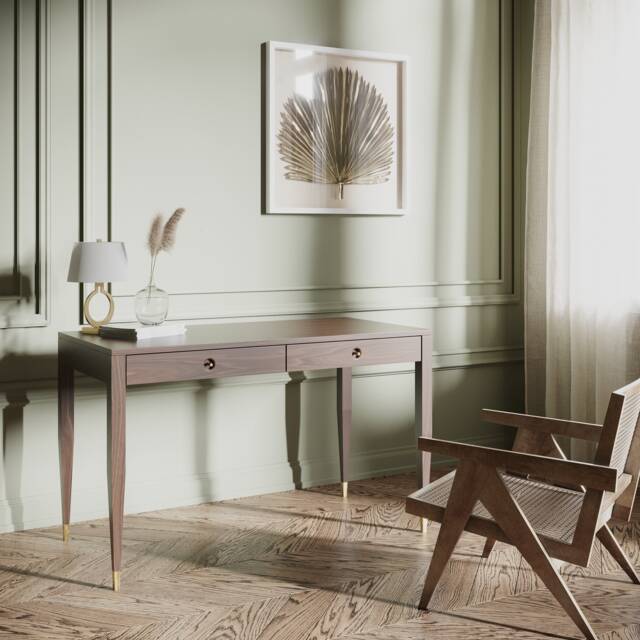 Small Walnut Writing Desk, Mid Century Modern Style, Brass Accents - image 1