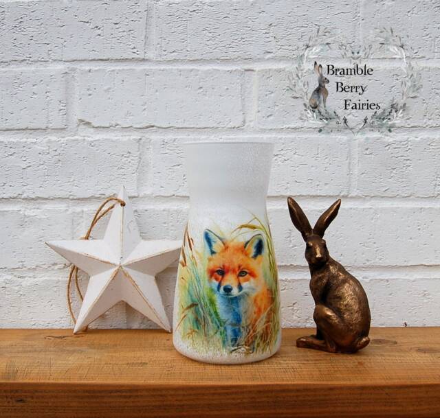 Glass Vase Beautiful Country Fox Wild Grasses Watercolour Decoupaged Decorative Handmade