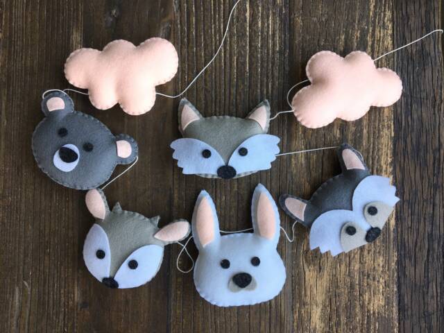 Woodland Animals Felt Garland, Plush Nursery Decor, Blush Pink - image 1