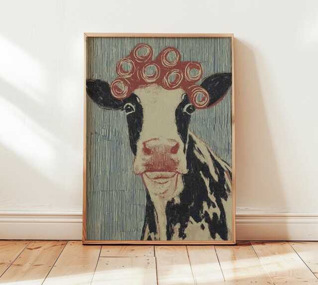 Funny Cow Art Print, Quirky Farmhouse Wall Art, Retro Animal Poster, Whimsical Country Home Decor - image 1