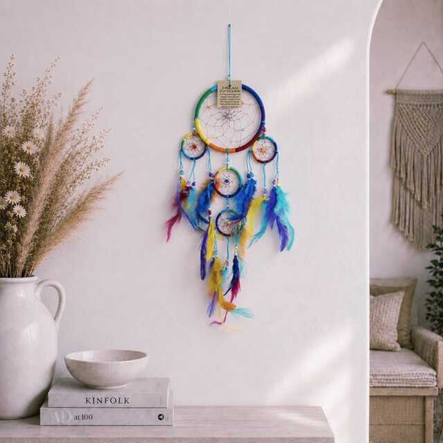 Rainbow Dream Catcher, Colorful Feather Hanging, Boho Nursery Accent, Kids Bedroom Wall Decor - image 1