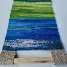 Handwoven Tapestry Wall Hanging Blue Green Abstract Textile Art - thumbnail 2