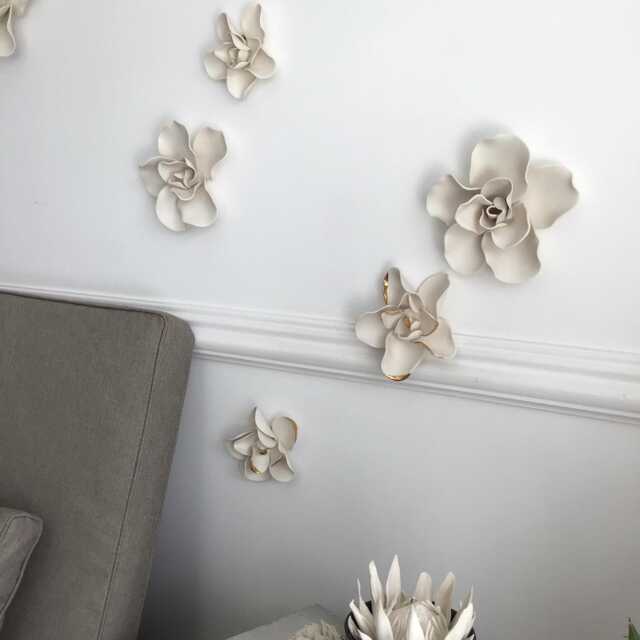 Set Of 5 Porcelain Gardenia Flowers, Hand Sculpted, White Ceramic Wall Decor - image 1