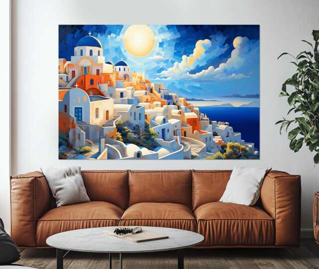 Oia Town On Santorini Island Painting Printed Canvas, Greece Canvas Art, Skyline, Print, Wall Art - image 1
