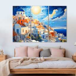 Oia Town On Santorini Island Painting Printed Canvas, Greece Canvas Art, Skyline, Print, Wall Art - thumbnail 2