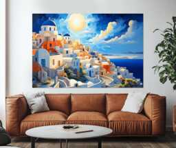 Oia Town On Santorini Island Painting Printed Canvas, Greece Canvas Art, Skyline, Print, Wall Art - thumbnail 1