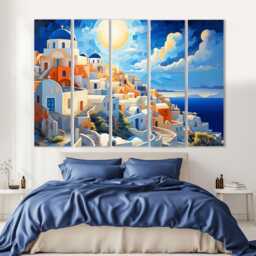 Oia Town On Santorini Island Painting Printed Canvas, Greece Canvas Art, Skyline, Print, Wall Art - thumbnail 3