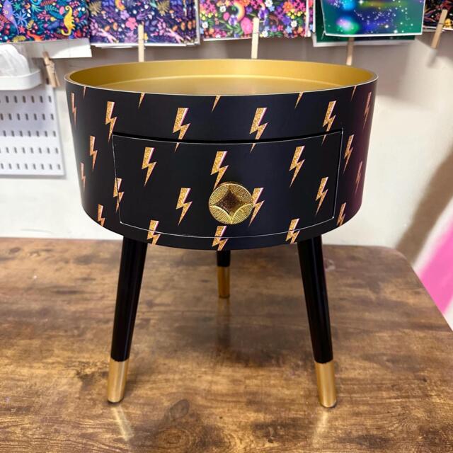 Round Bedside Table , Black & Gold Nightstand With Lightening Bolt Design, Fun Bright Home Decor. Side Storage Drawer. Bowie - image 1