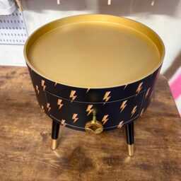 Round Bedside Table , Black & Gold Nightstand With Lightening Bolt Design, Fun Bright Home Decor. Side Storage Drawer. Bowie - thumbnail 3
