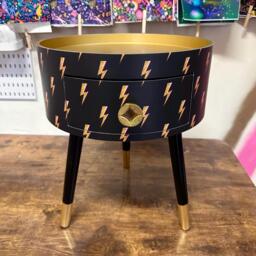 Round Bedside Table , Black & Gold Nightstand With Lightening Bolt Design, Fun Bright Home Decor. Side Storage Drawer. Bowie - thumbnail 1
