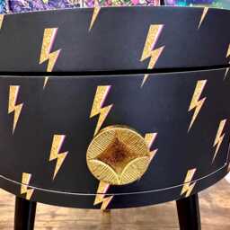 Round Bedside Table , Black & Gold Nightstand With Lightening Bolt Design, Fun Bright Home Decor. Side Storage Drawer. Bowie - thumbnail 2