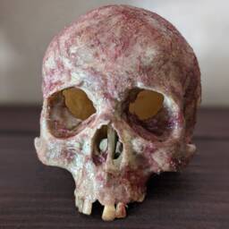 Human Skull - Warning With Gauged Eyes Fleshy Blood & Gruesome, Resin, Halloween Haunted House Horror Prop, 4.4 Inches Wide, Gothic Decor - thumbnail 2