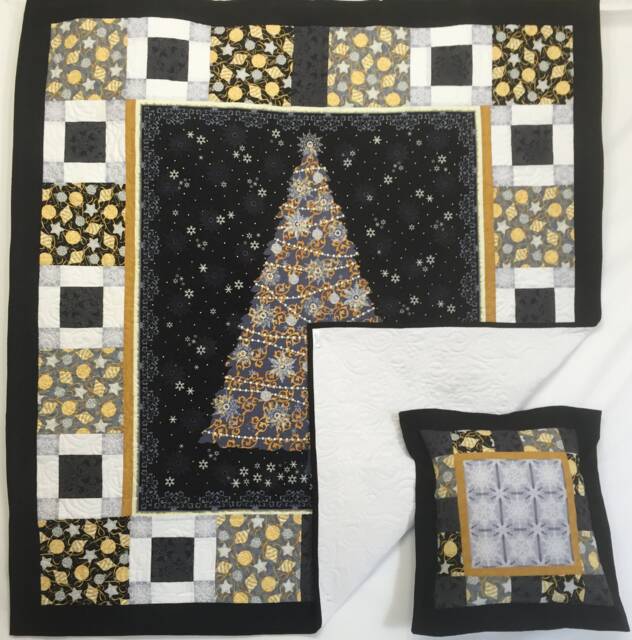 On Sale Gold & Silver Christmas Tree Quilt Or Wall Hanging Table Runner Ensemble With Free Pillowcase 16022 T8 - image 1