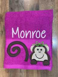 Embroidered Monkey Cotton Towel, Personalized Applique Bath Decor