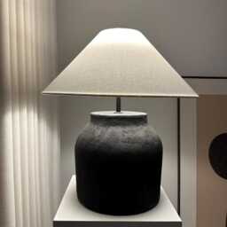 xl Size Black Japandi Stoneware Earthenware Unglazed Ceramic Textured Table Lamp Shade Wabi Sabi Style For Bedside Dresser & Living Room - thumbnail 2