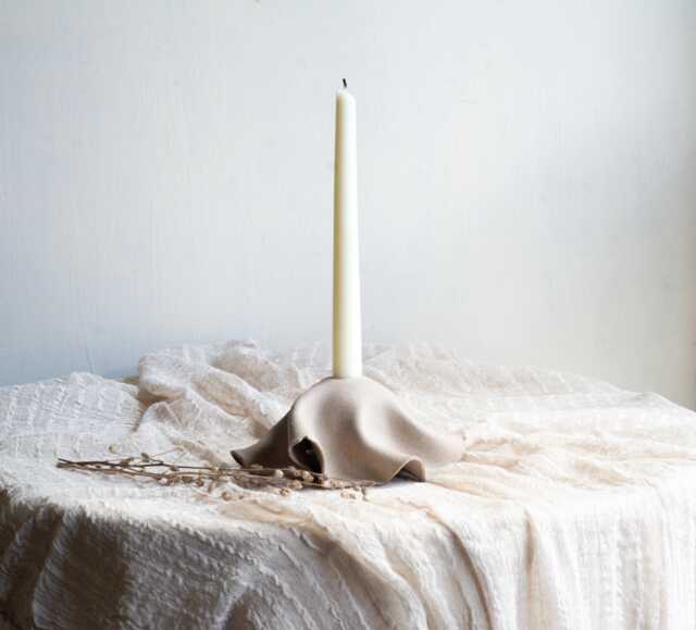 "Sculptural Ceramic Candlestick Holder Brown Stoneware Candelabra - 8"" X 3" - image 1