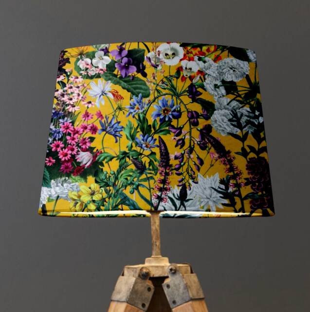 Mustard Flowers Velvet French Drum Lampshade, Empire Mustard Ceiling Light Shade - image 1