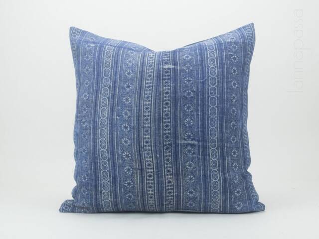 Vintage Indigo Hemp Pillow Cover - Hmong Batik Throw Cushion, 20x20 - image 1