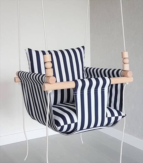 Handmade Navy Stripe Baby Swing, Beech Wood, Indoor Outdoor - image 1