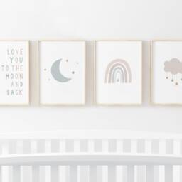 Gender Neutral Cloud Moon Stars Rainbow Prints - Set Of 4, Love You To The & Back, Baby Boy Print, Nursery Prints, Wall Art - thumbnail 2
