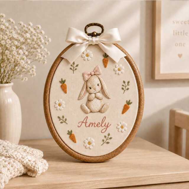 Personalized Bunny Embroidery Hoop, Custom Baby Name Nursery Decor, Rabbit Wall Art For Girl, Newborn Keepsake Gift, Sign - image 1