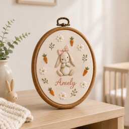 Personalized Bunny Embroidery Hoop, Custom Baby Name Nursery Decor, Rabbit Wall Art For Girl, Newborn Keepsake Gift, Sign - thumbnail 2