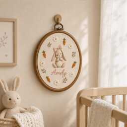 Personalized Bunny Embroidery Hoop, Custom Baby Name Nursery Decor, Rabbit Wall Art For Girl, Newborn Keepsake Gift, Sign - thumbnail 3