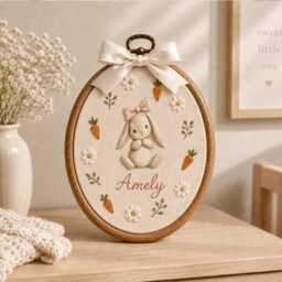 Personalized Bunny Embroidery Hoop, Custom Baby Name Nursery Decor, Rabbit Wall Art For Girl, Newborn Keepsake Gift, Sign - thumbnail 1
