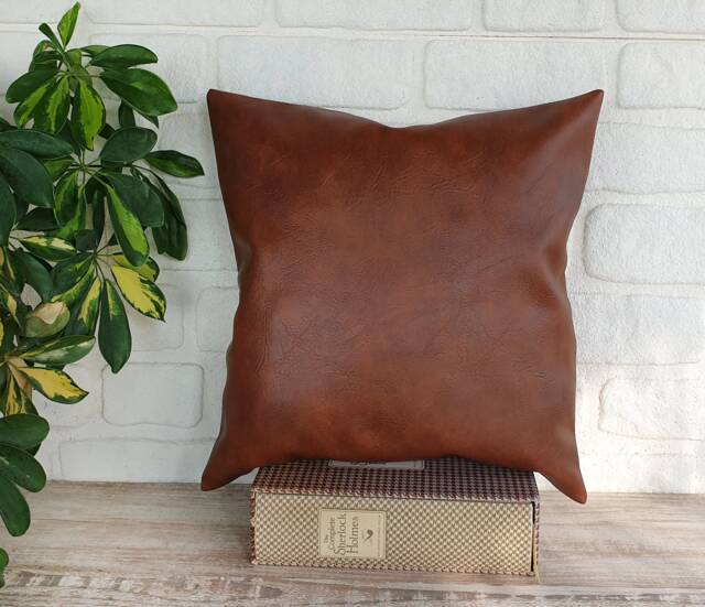 Brown Faux Leather Pillow Cover 18'' Scandinavian Decor - image 1