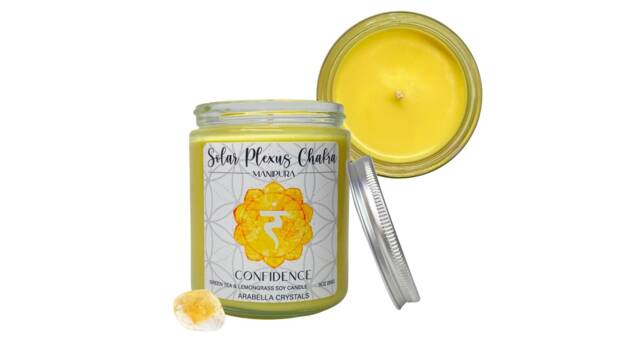 Solar Plexus Chakra Candle Green Tea Lemongrass Scent, Citrine Crystal - image 1