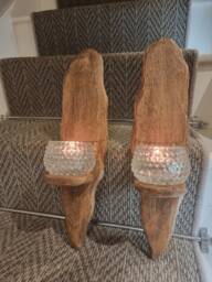 Pair Of Handmade Solid Oak Rustic Sconces 40x10 cm With Tudor Wax Finish .candles /Glass Not Included - thumbnail 1