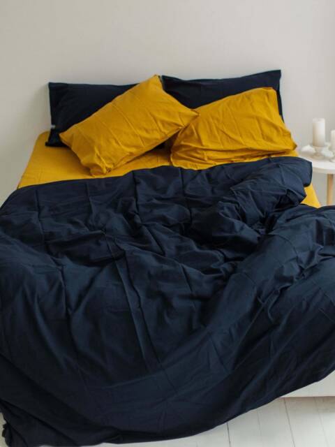 Navy & Mustard Yellow Bedding Set, Two-Color Cotton Mix King Or Queen Sheet Set, Modern Dual Design Bed Full Twin Set - image 1