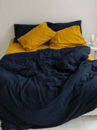 Navy & Mustard Yellow Bedding Set, Two-Color Cotton Mix King Or Queen Sheet Set, Modern Dual Design Bed Full Twin Set - thumbnail 1