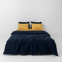 Navy & Mustard Yellow Bedding Set, Two-Color Cotton Mix King Or Queen Sheet Set, Modern Dual Design Bed Full Twin Set - thumbnail 2