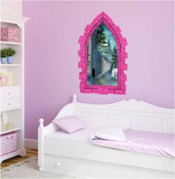 Unicorn Castle Window Wall Decal 3D Sticker Medieval Stone Portal Mural For Childrens Bedroom Decor - thumbnail 1