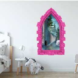 Unicorn Castle Window Wall Decal 3D Sticker Medieval Stone Portal Mural For Childrens Bedroom Decor - thumbnail 2