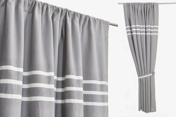 Minimalist Gray Bedroom Curtains - Grey White Linen Rod Pocket Extra Long Drapes & Stripes, Minimal Living Room Custom Made Curtain Panels - image 1