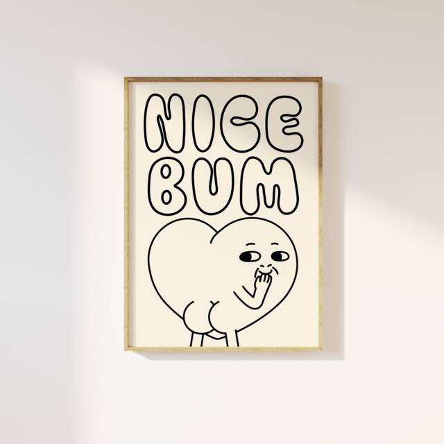 Nice Bum Bathroom Print, Fun Toilet Humour, En Suite Retro Minimalist Character Typography, Cheeky, 90S Trendy - image 1