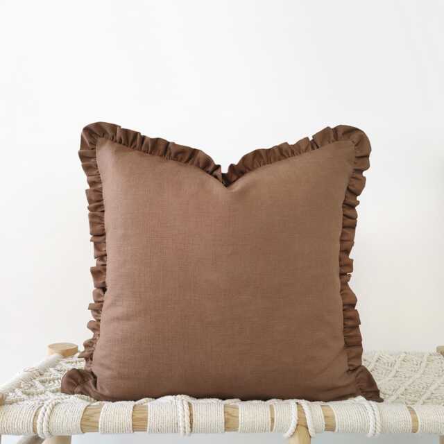 Rust Brown Linen Pillow Cover With Ruffled Edges - Earth-Tone Decorative Cushion - image 1