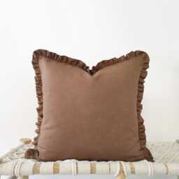 Rust Brown Linen Pillow Cover With Ruffled Edges - Earth-Tone Decorative Cushion - thumbnail 1