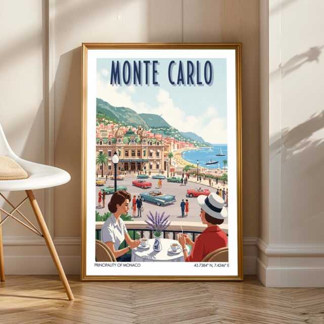 Monte Carlo Vintage Car Poster Retro Monaco Travel Art - image 1