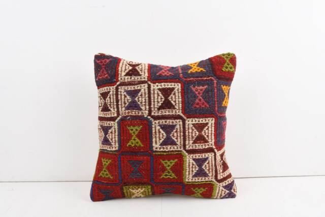 Vintage Turkish Kilim Pillow Cover Handwoven Wool Throw Cushion - 16x16 - image 1