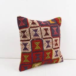 Vintage Turkish Kilim Pillow Cover Handwoven Wool Throw Cushion - 16x16 - thumbnail 2