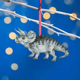 Wooden Triceratops Dinosaur Christmas Tree Decoration, Birch Plywood Lover Gift, Keepsake, Watercolour Art - thumbnail 1