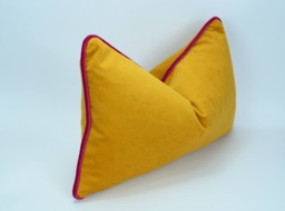 Yellow Velvet Pillow Case With Pink Piping - European Cotton Upholstery - thumbnail 1