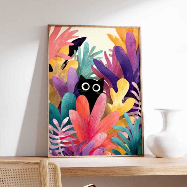 Black Cat Wall Art Print, Abstract Jungle Poster, Vibrant Modern Illustration, Whimsical Animal Decor Poster - image 1