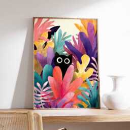 Black Cat Wall Art Print, Abstract Jungle Poster, Vibrant Modern Illustration, Whimsical Animal Decor Poster - thumbnail 1