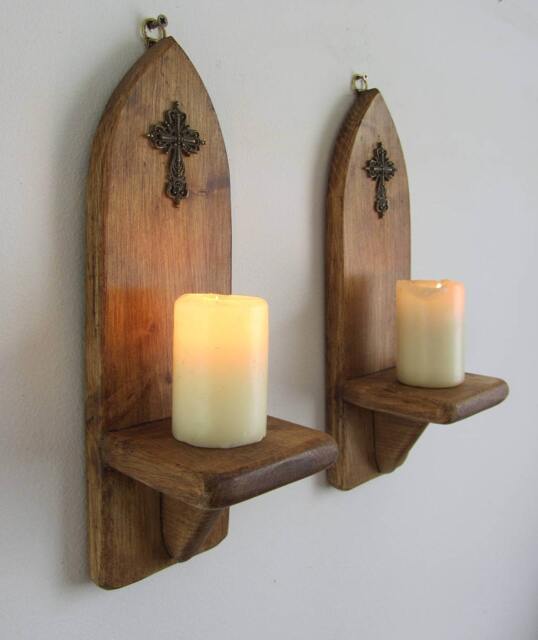 Pair Of Church/Gothic Style Wall Sconce Led Candle Holders With Antique Bronze Cross Crucifix Decoration , Various Sizes Available - image 1